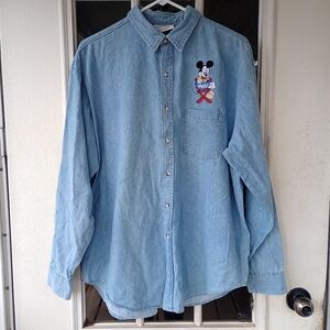 Vintage Crystal Springs Denim Shirt Embroidered Mickey Mouse Sz Large